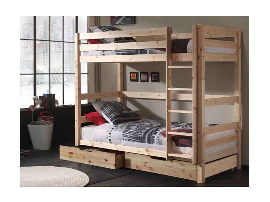 Lit Superposé Haut & 2 Tiroirs de Lit Enfant "Pino" 90x200cm Naturel