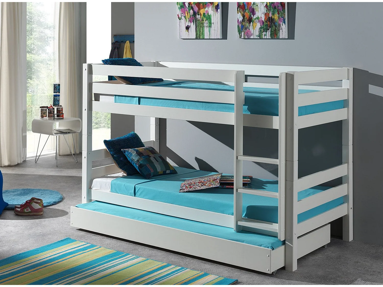 Litera extraíble 90x200 cm con cajón pino macizo blanco Pino Al. 140 cm