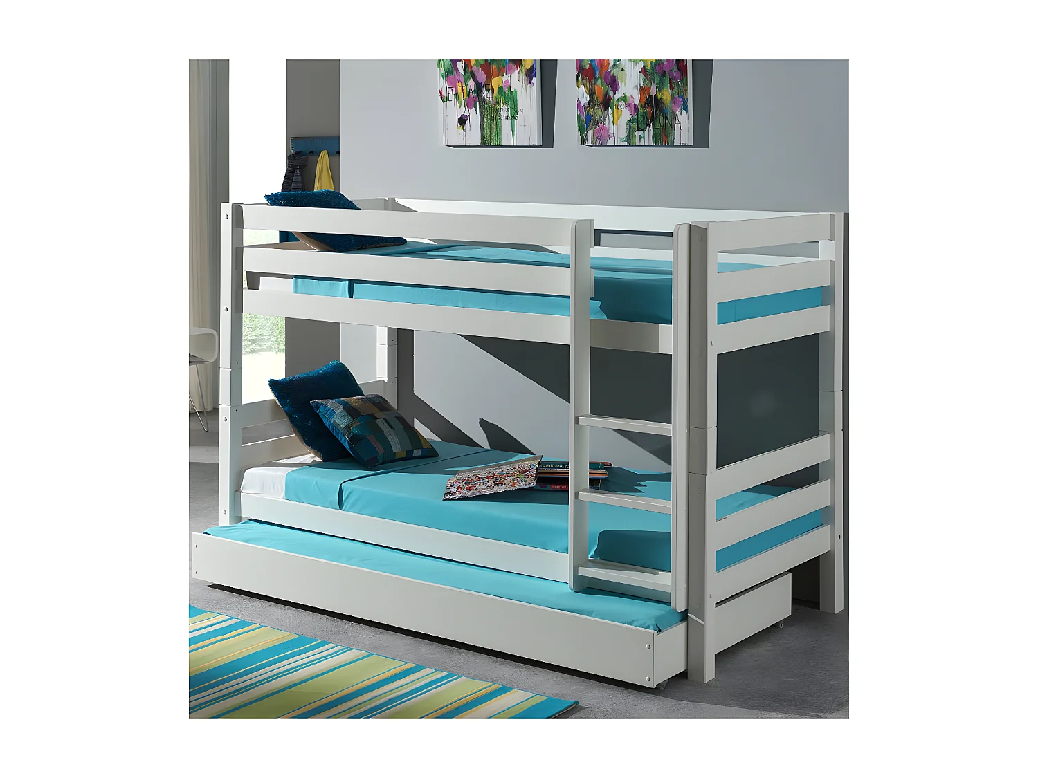 Lit Enfant Superposé & Tiroir de Lit "Pino" 90x200cm Blanc