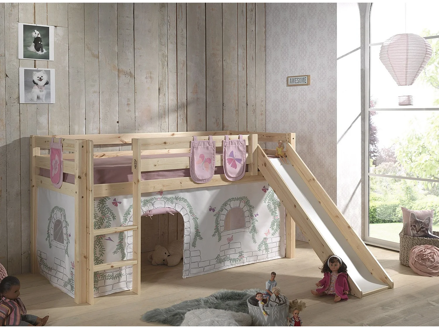 Pack - Lit Enfant Toboggan, Tente & 3 Pochettes "Pino Birdy" Naturel
