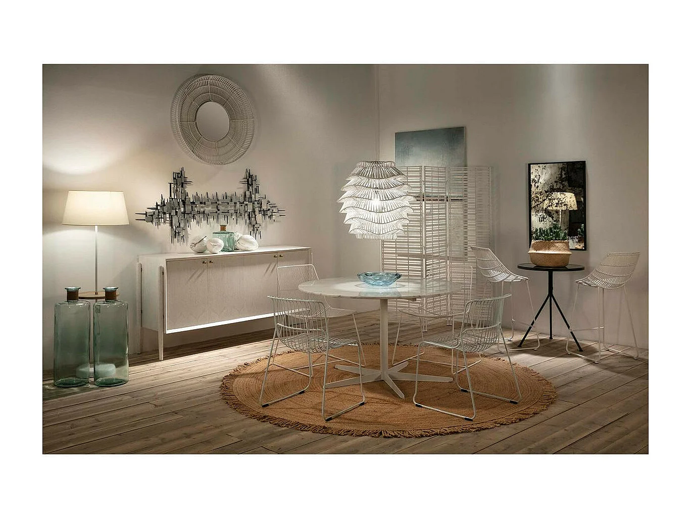 Ronde witte rieten wandspiegel Gaell D 90 cm