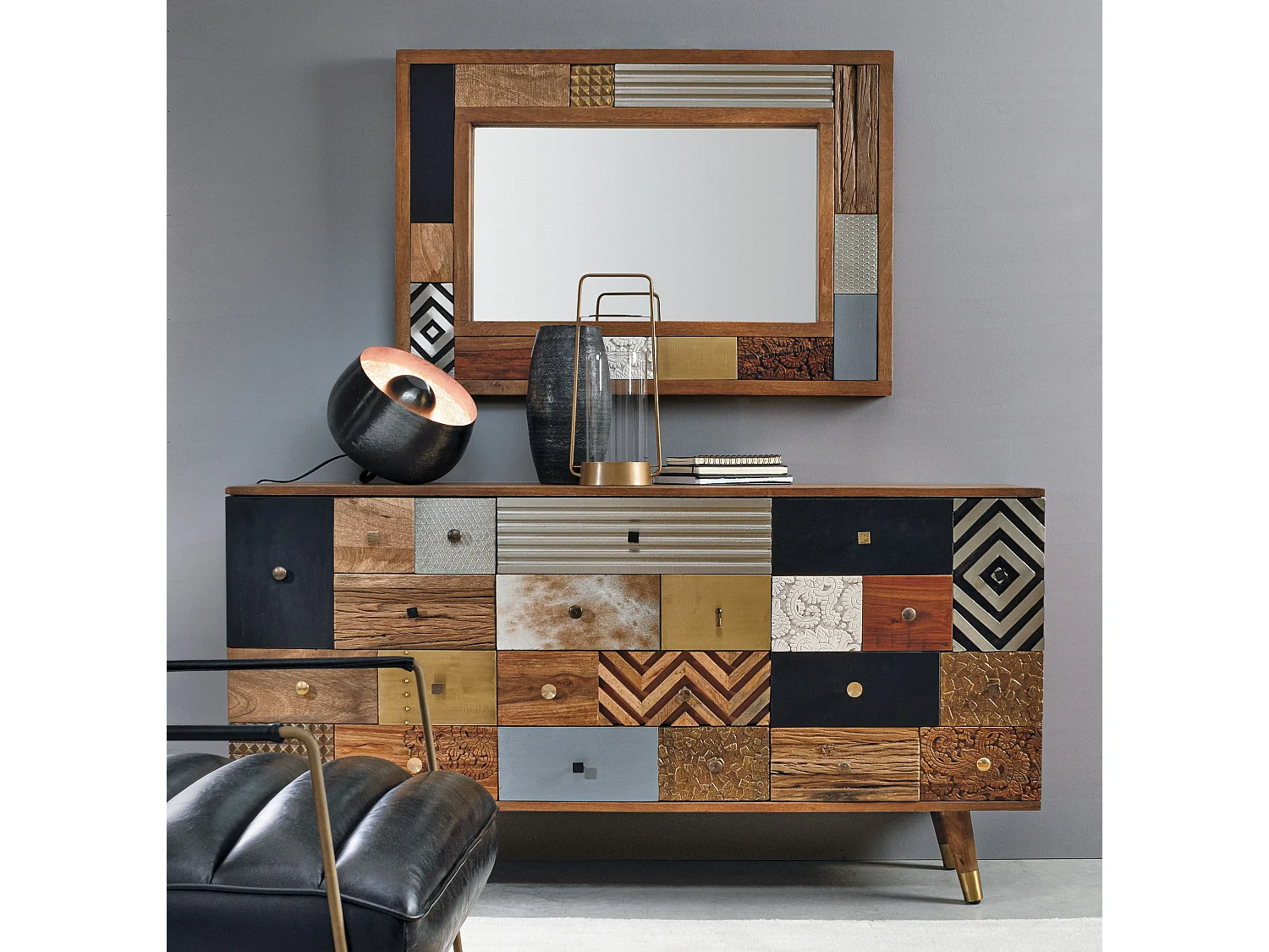 Miroir en bois recyclé multicolore Doki 100cm