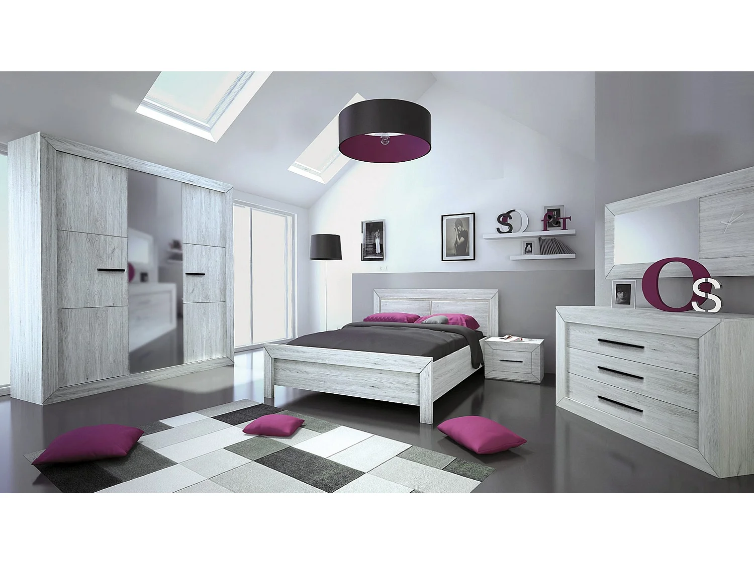 Miroir rectangulaire avec horloge bois de chêne gris Maeva