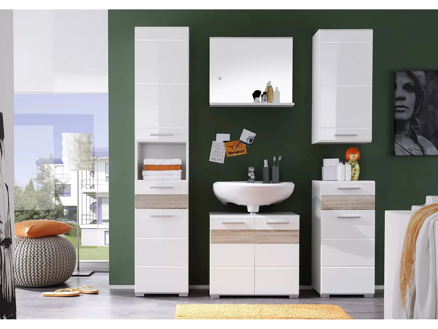 Miroir mural avec étagère mélaminé blanc Ivano