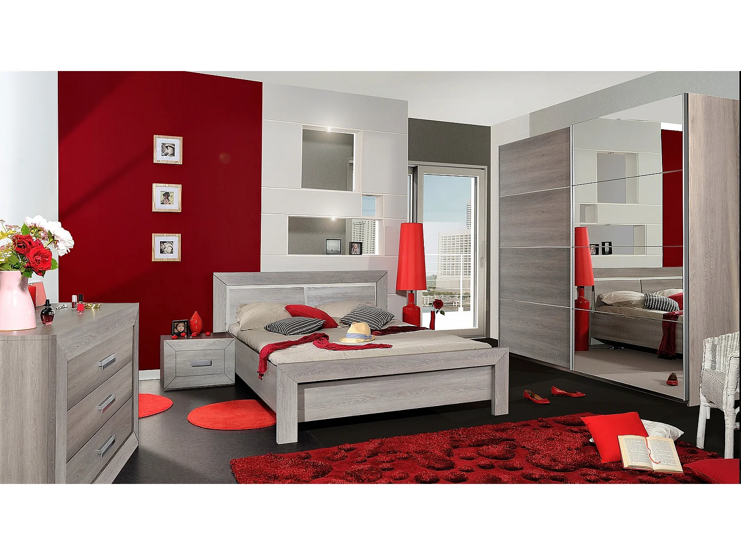 Miroir rectangulaire avec horloge bois de chêne grisé Lima