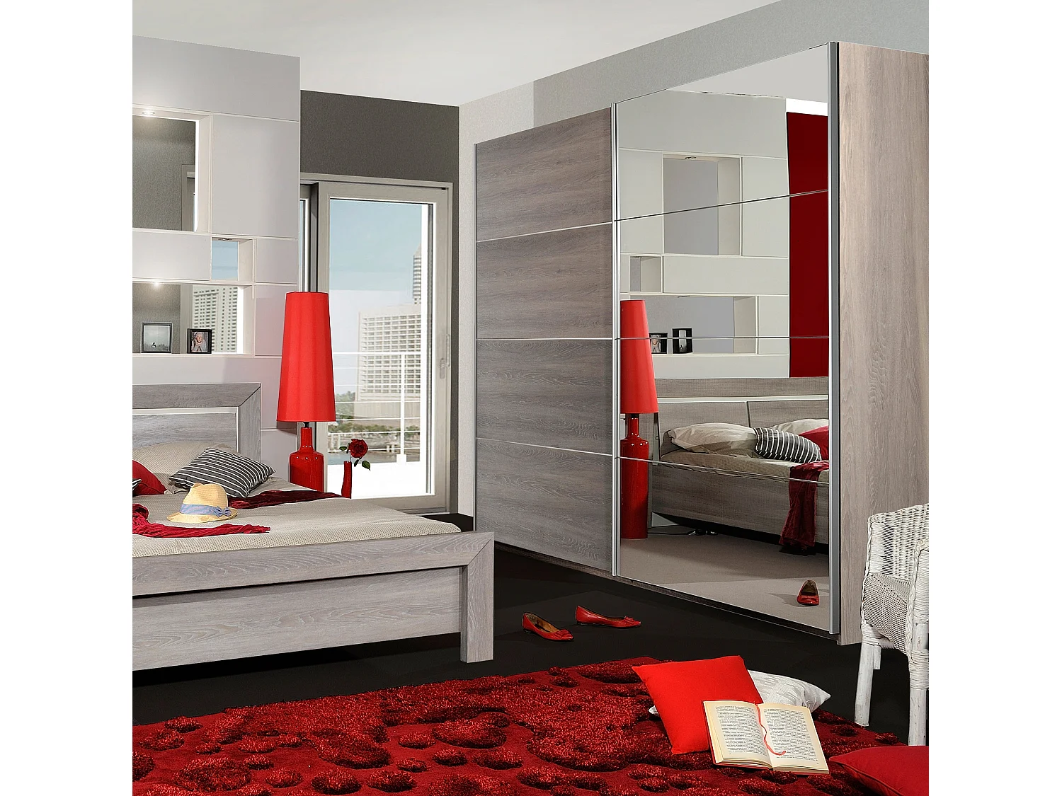 Miroir rectangulaire avec horloge bois de chêne grisé Lima