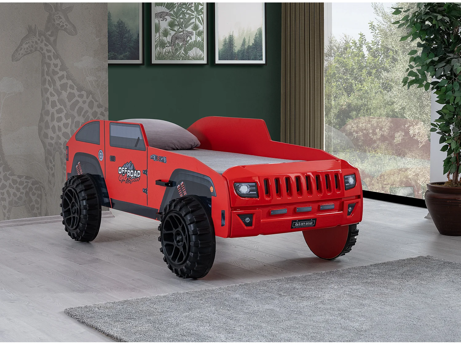 Lit enfant jeep rouge tout terrain avec phares