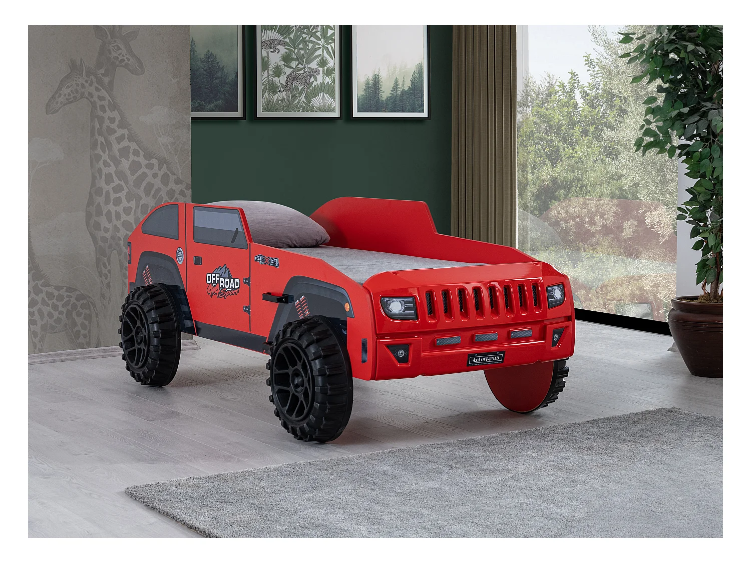 Lit enfant jeep rouge tout terrain avec phares
