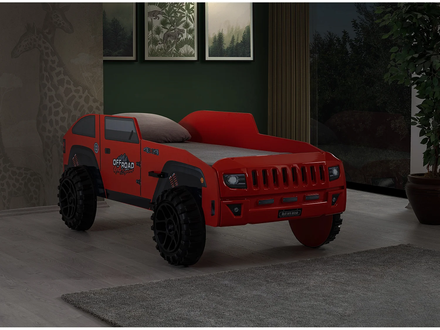 Lit enfant jeep rouge tout terrain avec phares