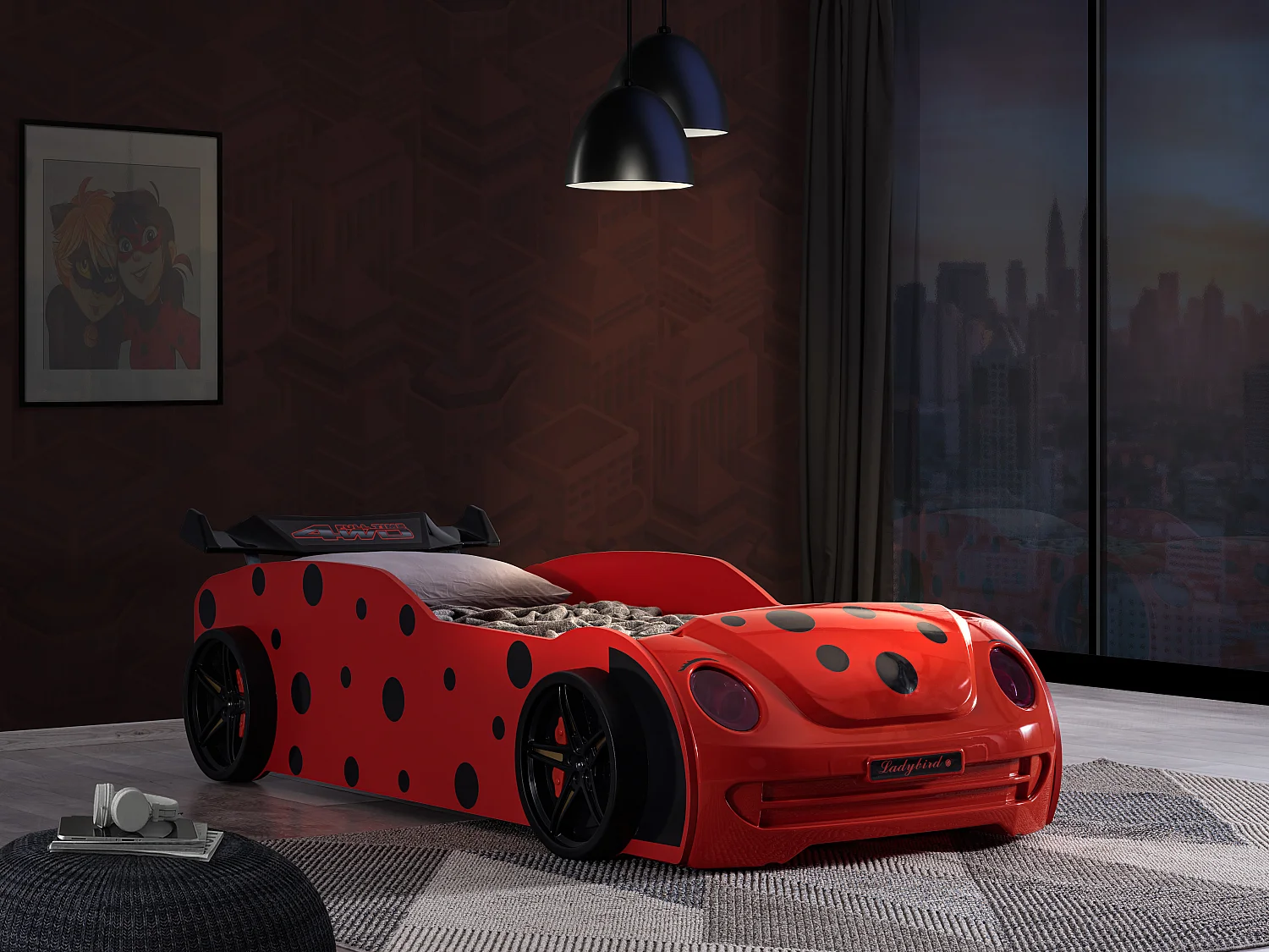 Lit voiture coccinelle a Led et effets sonores 90x190