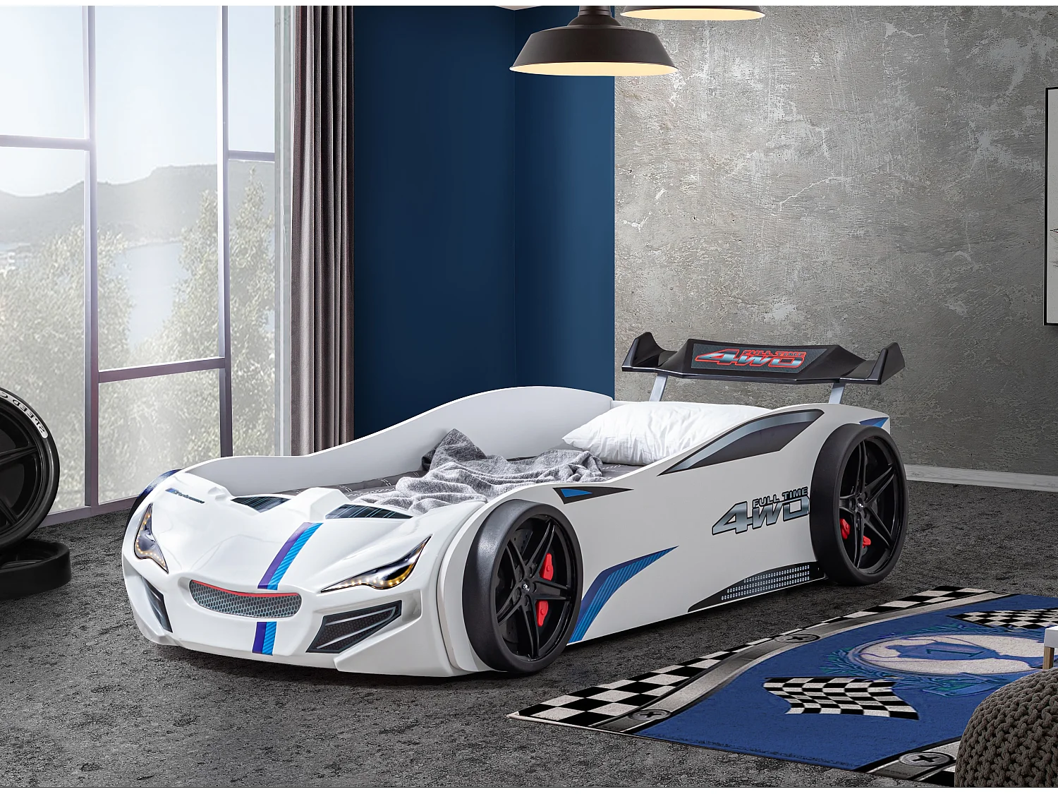 Lit voiture de course avec phares Mustang blanc