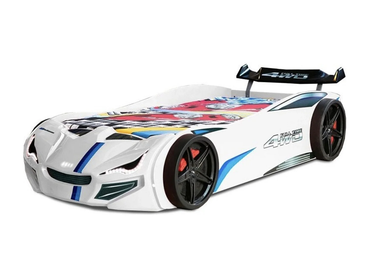 Raceautobed MUSTANG met LED-koplampen – 90 x 190 cm-Kleur Wit