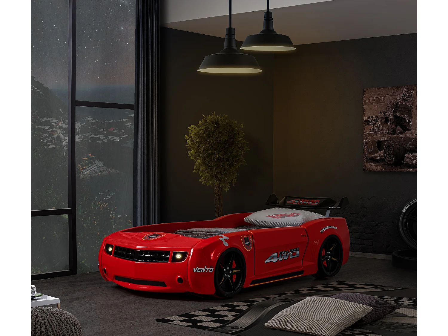 Lit voiture de course rouge avec phares Fusion 90x190