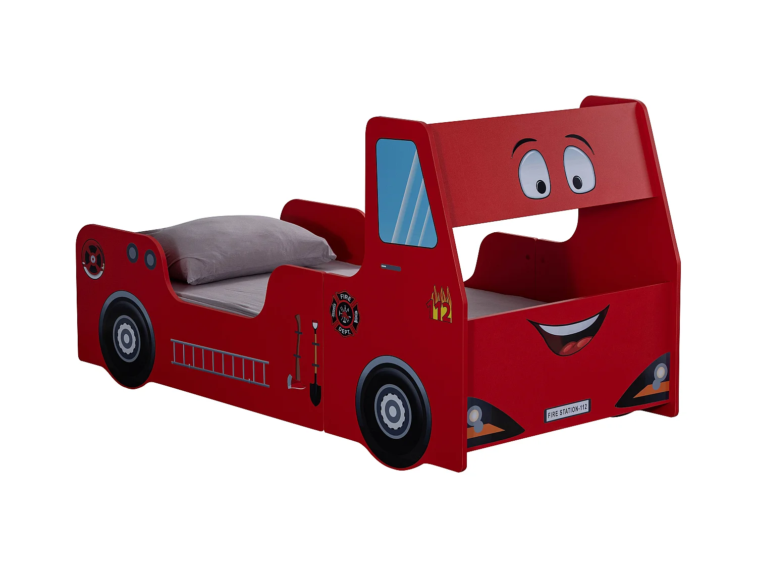 Lit camion de pompier rouge avec phares 90x190