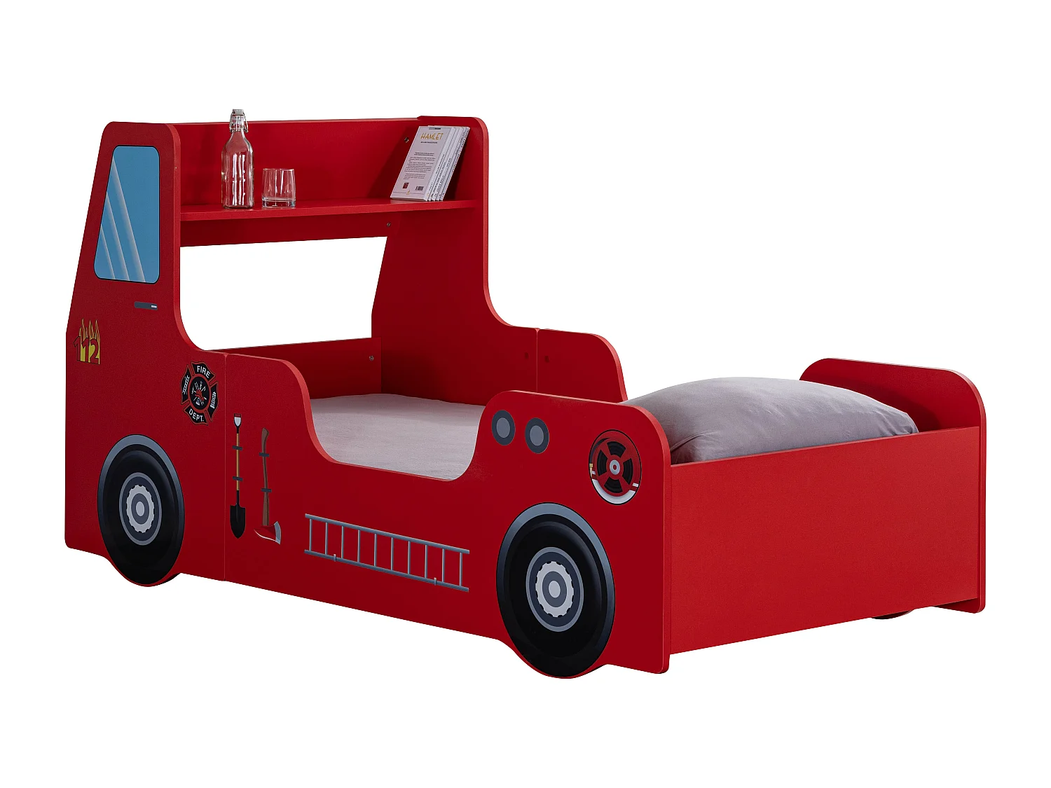 Lit camion de pompier rouge avec phares 90x190