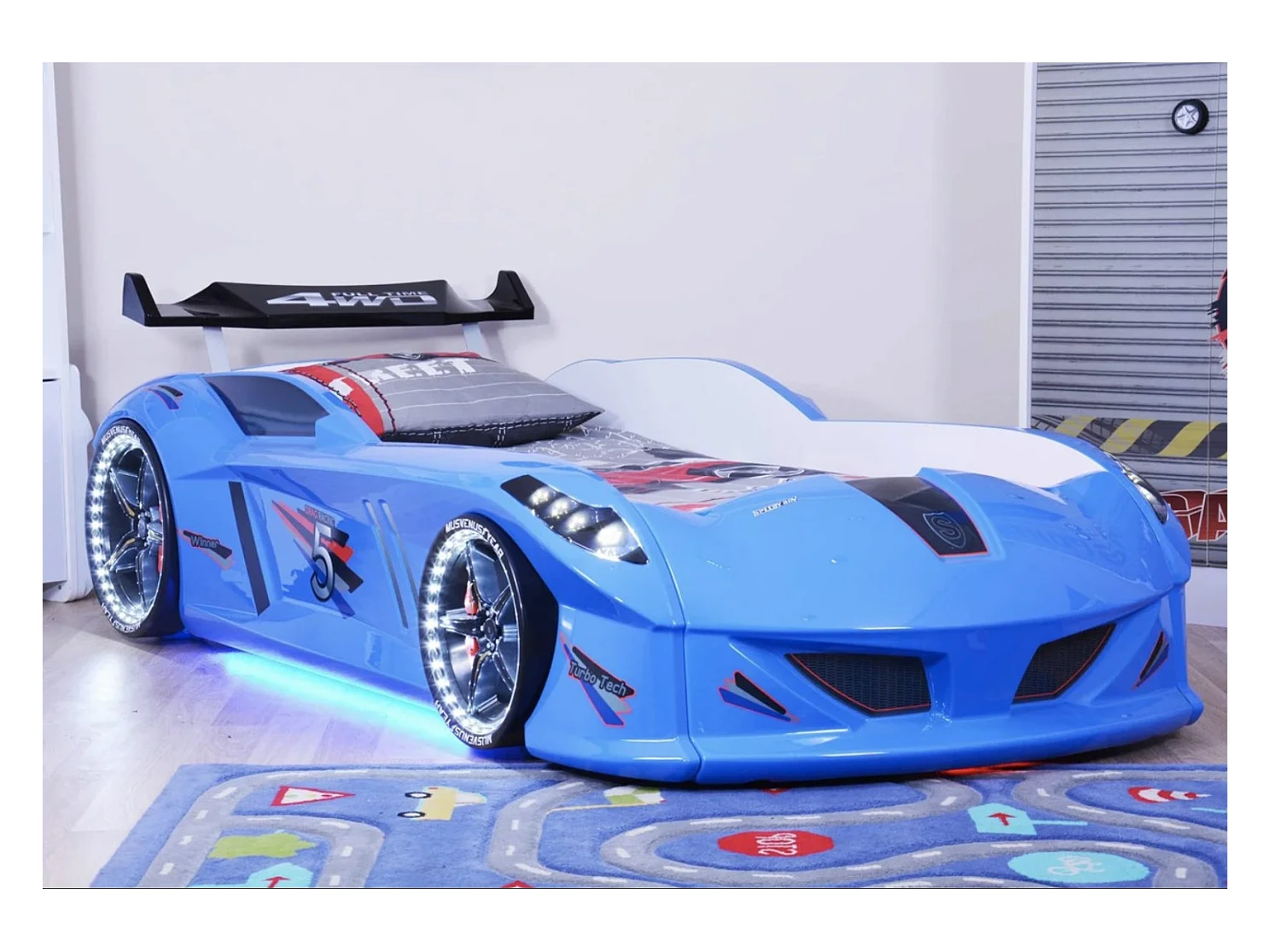 Lit voiture formule 1 bleu à led et bruitage 90x190