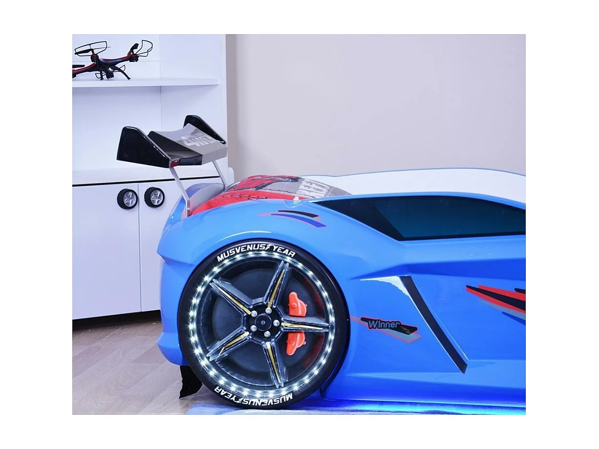 Lit voiture formule 1 bleu à led et bruitage 90x190