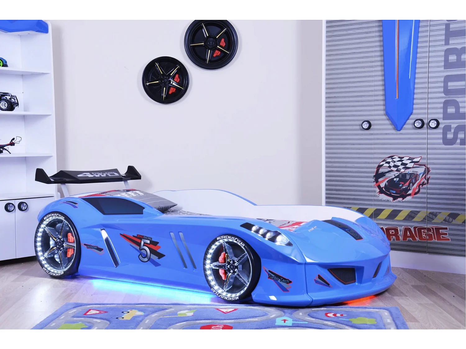 Lit voiture FORMULE 1 avec LED et bruitages – 90x190-Bleu