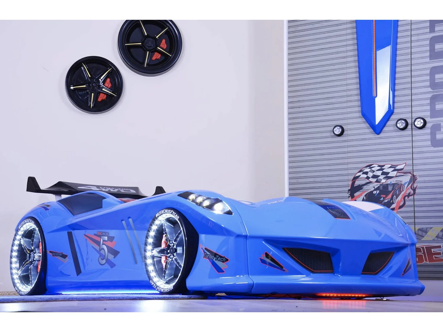 Lit voiture FORMULE 1 avec LED et bruitages – 90x190-Bleu