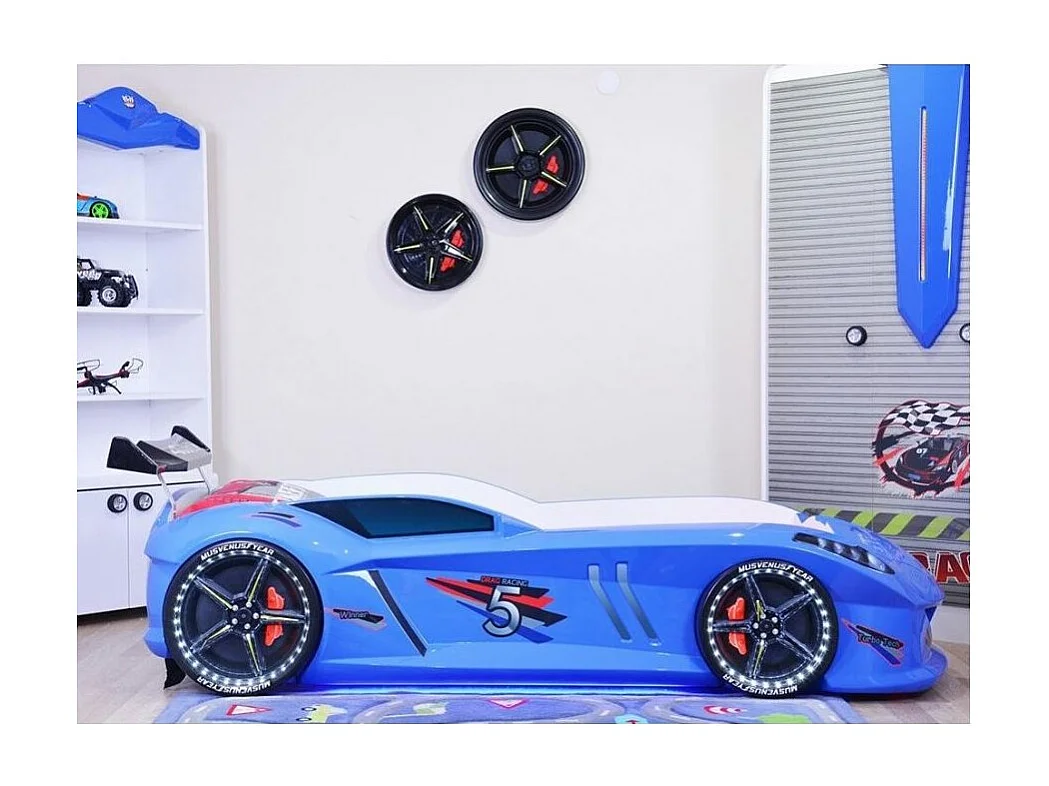 Lit voiture FORMULE 1 avec LED et bruitages – 90x190-Bleu