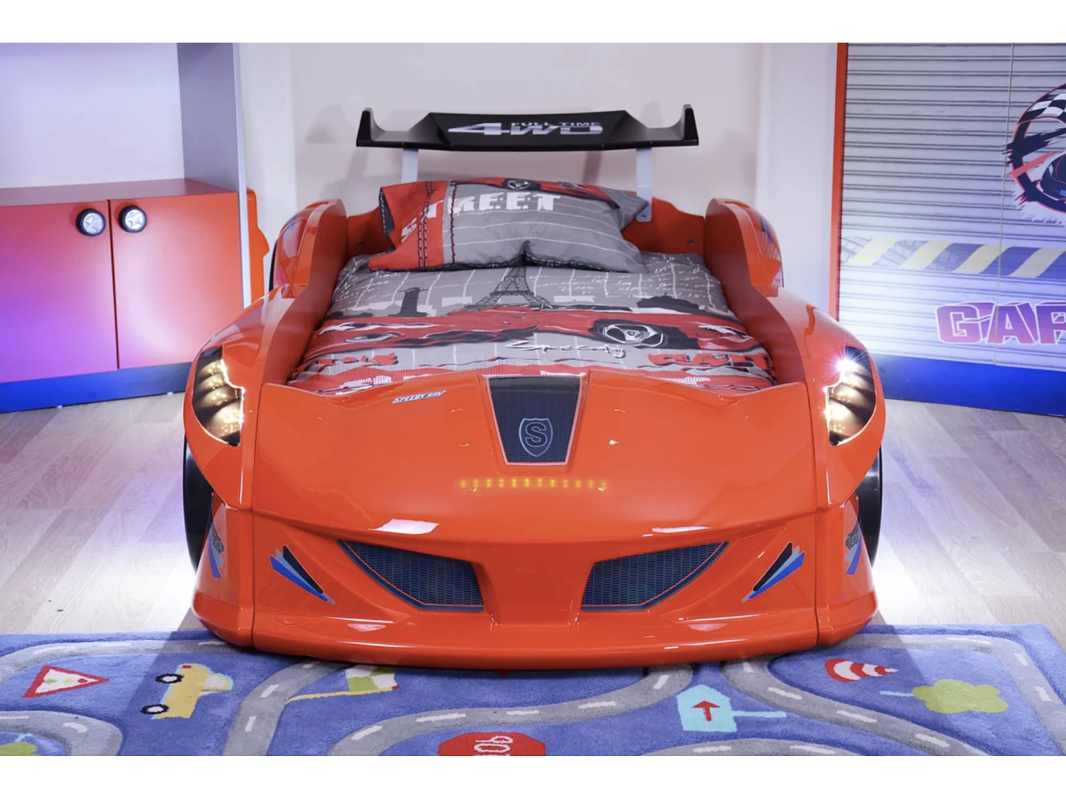 Lit voiture FORMULE 1 avec LED et bruitages – 90x190-Bleu