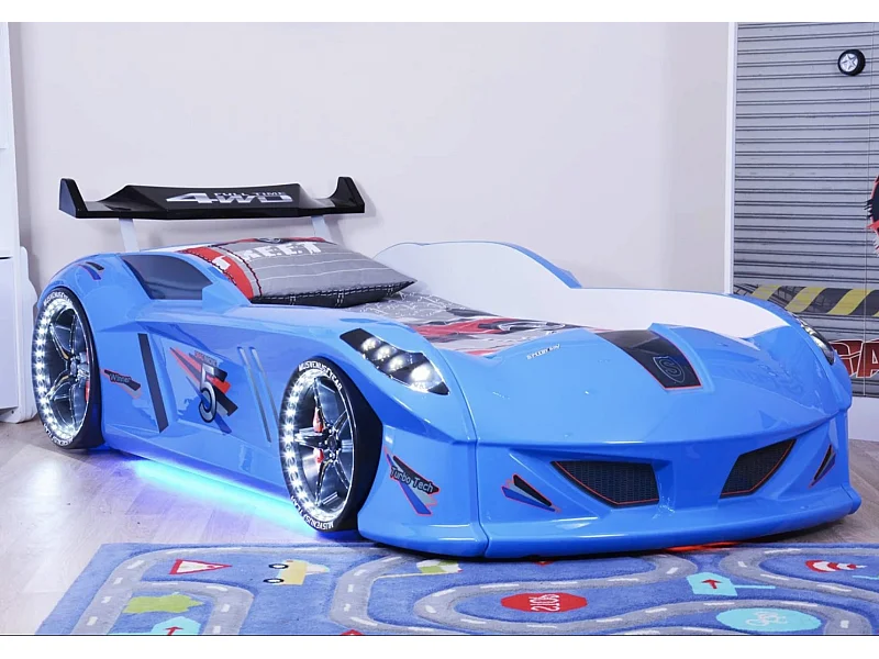 Lit voiture formule 1 bleu à led et bruitage 90x190