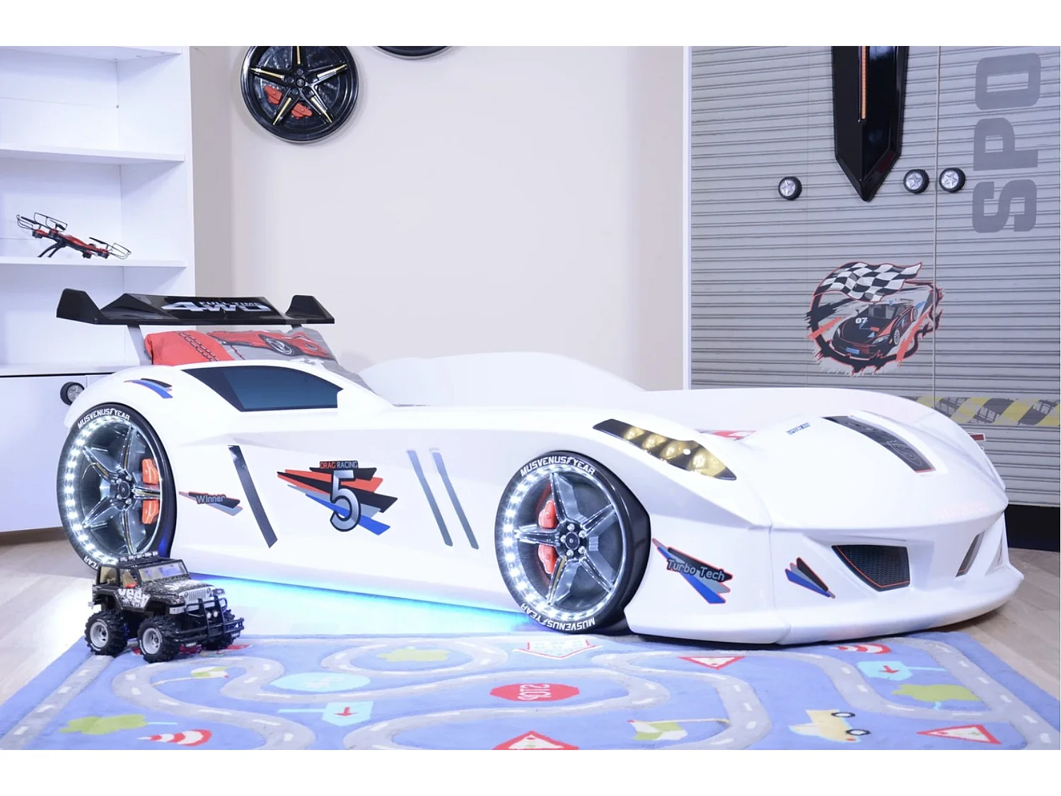 Lit voiture formule 1 blanche à led et bruitage 90x190