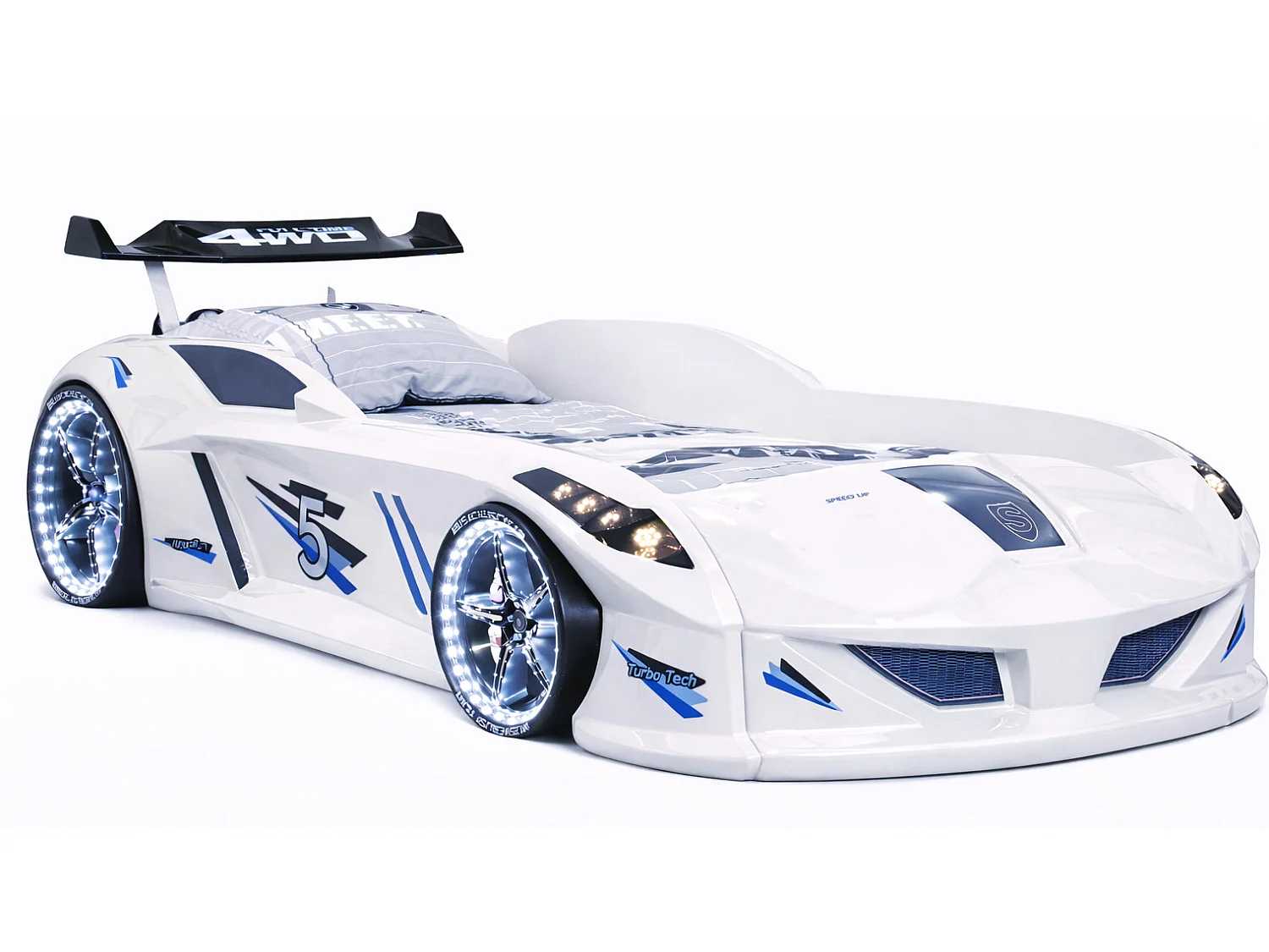 Lit voiture FORMULE 1 avec LED et bruitages – 90x190-Blanc