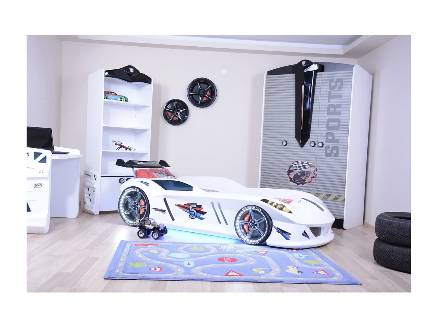 Lit voiture FORMULE 1 avec LED et bruitages – 90x190-Blanc
