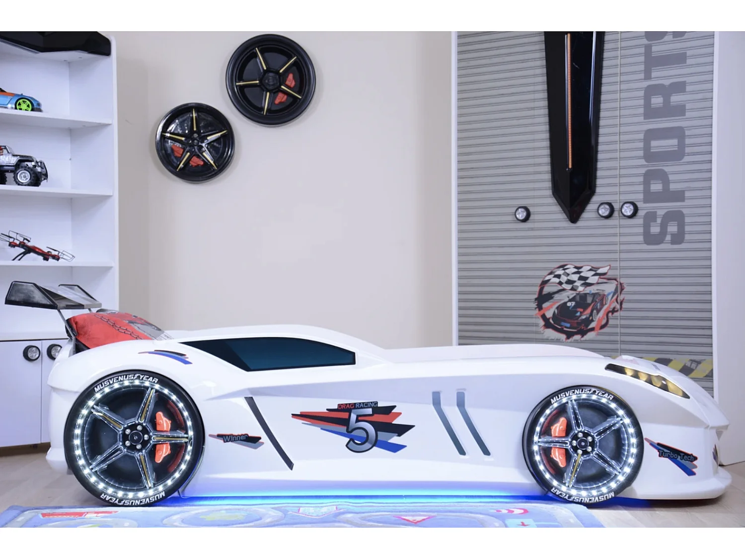 Lit voiture FORMULE 1 avec LED et bruitages – 90x190-Blanc