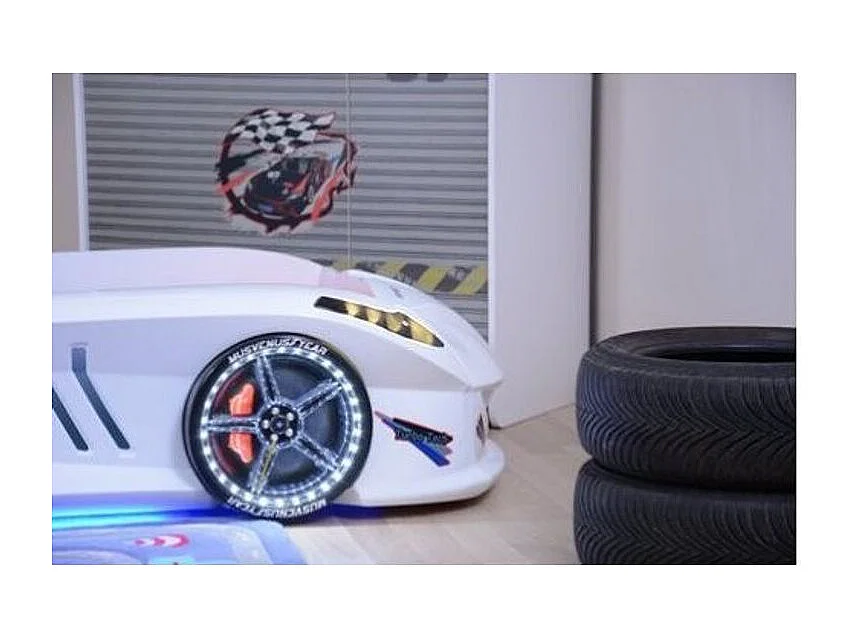 Lit voiture FORMULE 1 avec LED et bruitages – 90x190-Blanc