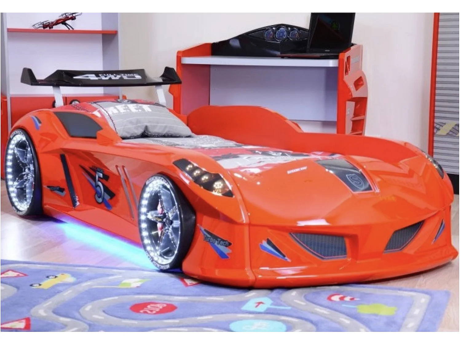 Lit voiture FORMULE 1 avec LED et bruitages – 90x190-Blanc