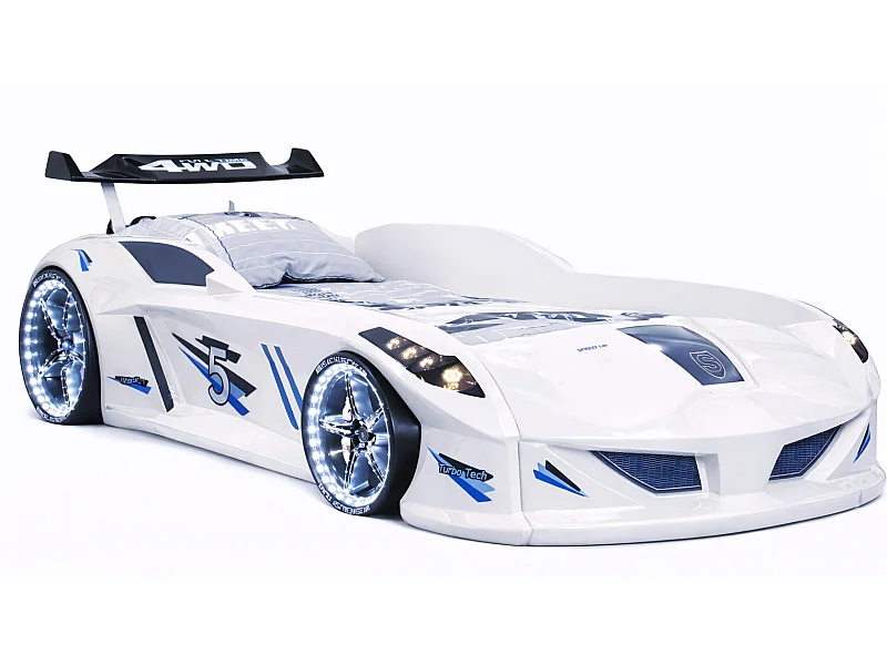 Lit voiture FORMULE 1 avec LED et bruitages – 90x190-Blanc