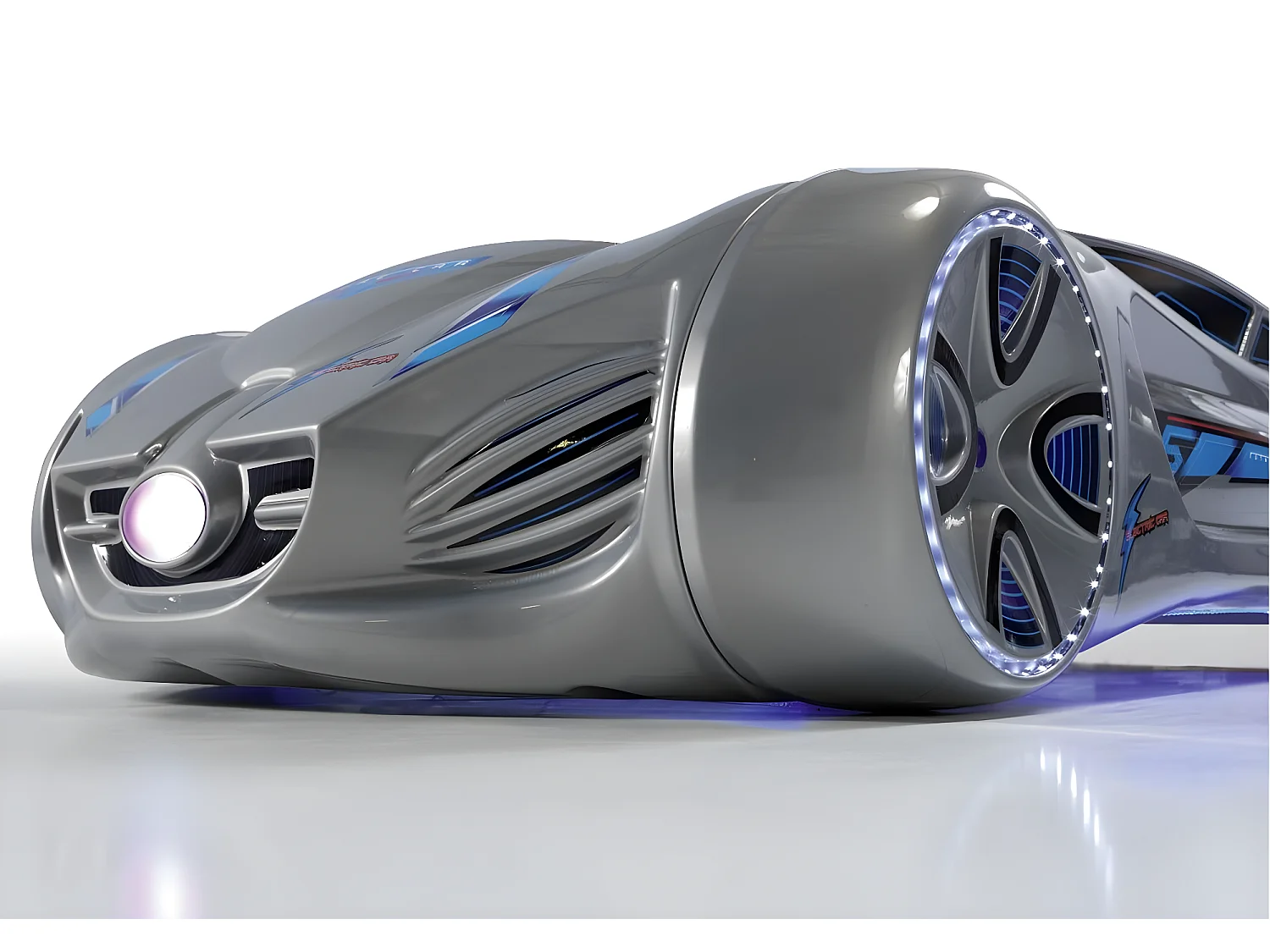 Lit voiture enfant futuriste grise à Led avec effets sonores 90x190