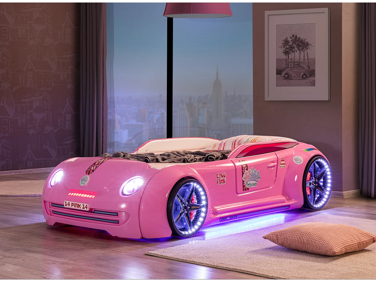 Lit voiture Lover rose à led et bruitage 90x190