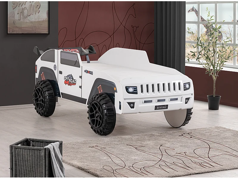 Lit enfant jeep blanche tout terrain avec phares