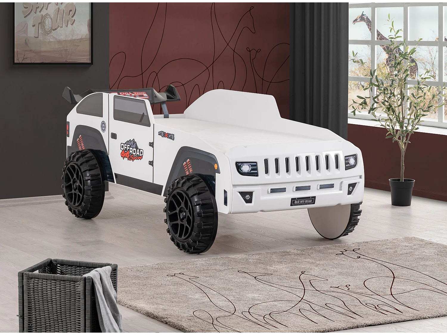 Lit enfant jeep blanche tout terrain avec phares