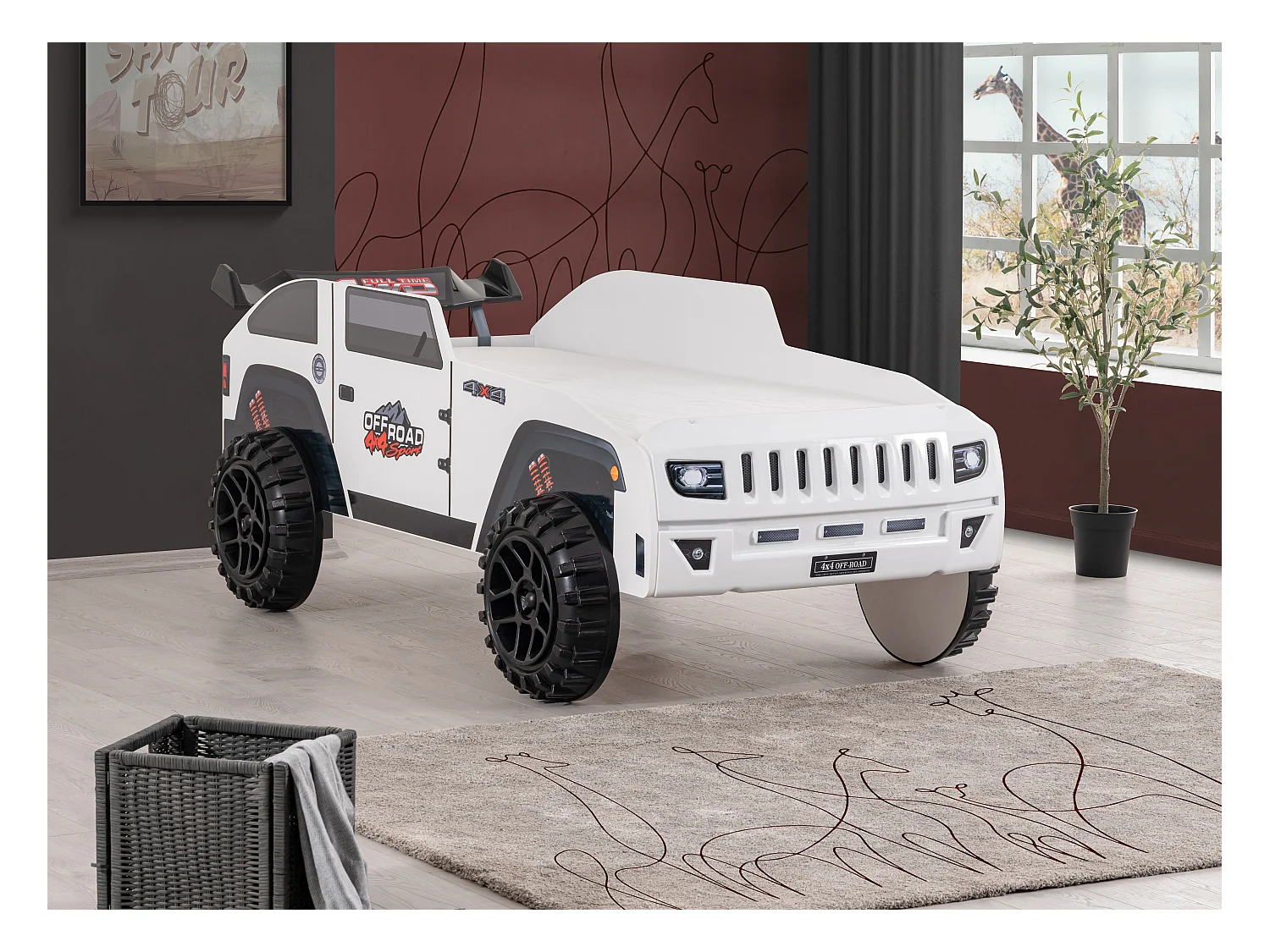 Lit enfant jeep blanche tout terrain avec phares