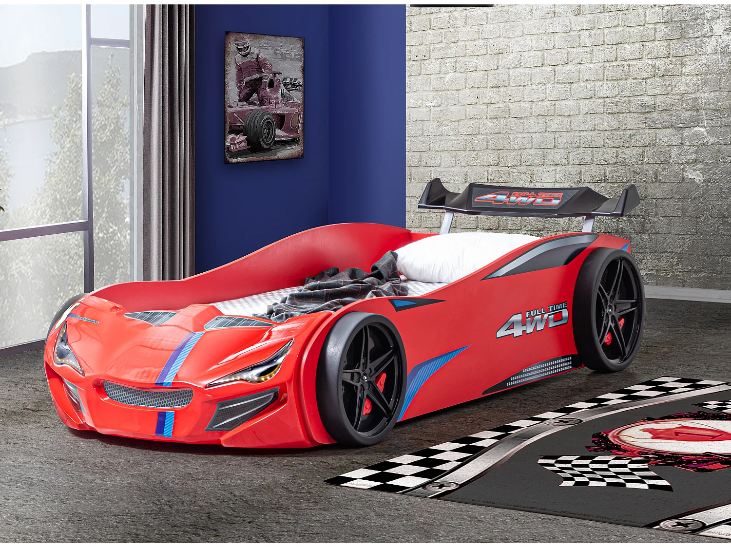 Lit voiture de course avec phares Mustang rouge