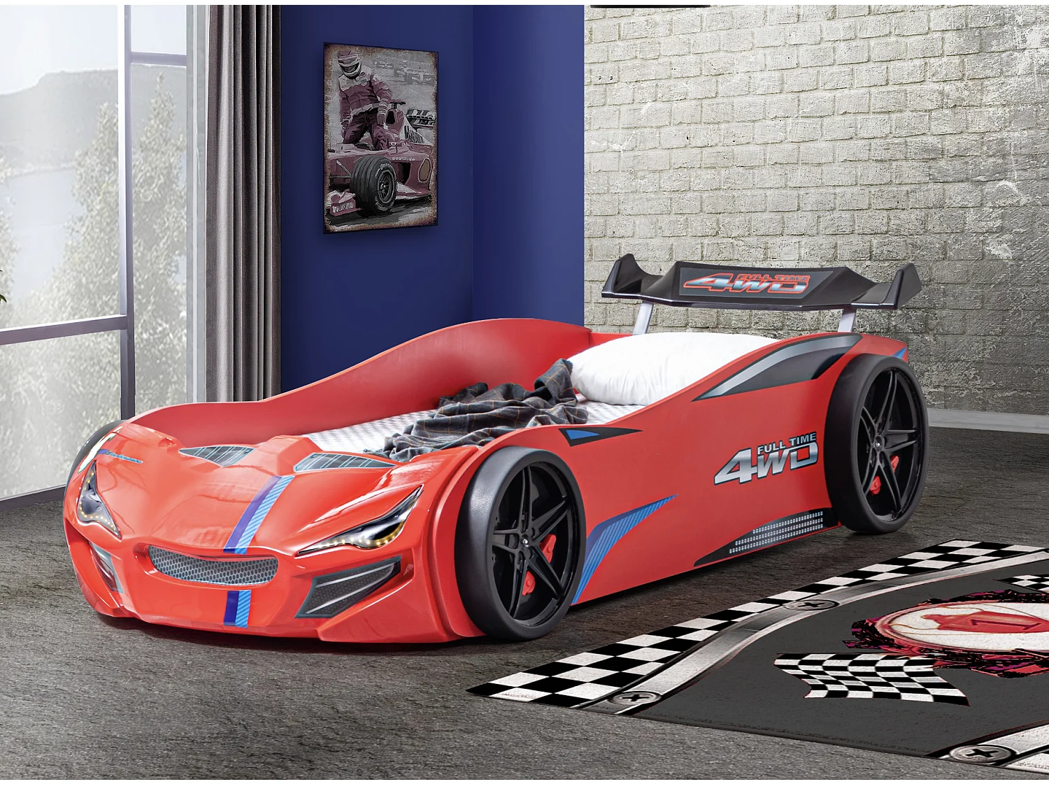 Lit voiture de course MUSTANG avec phares LED – 90x190-Rouge