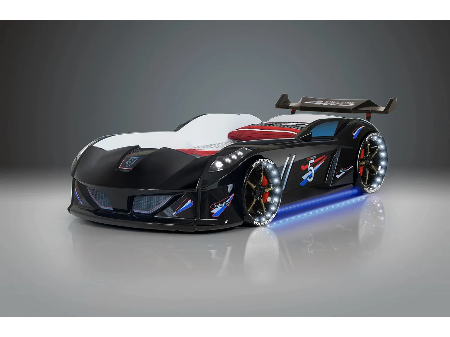 Lit voiture formule 1 noir à led et bruitage 90x190