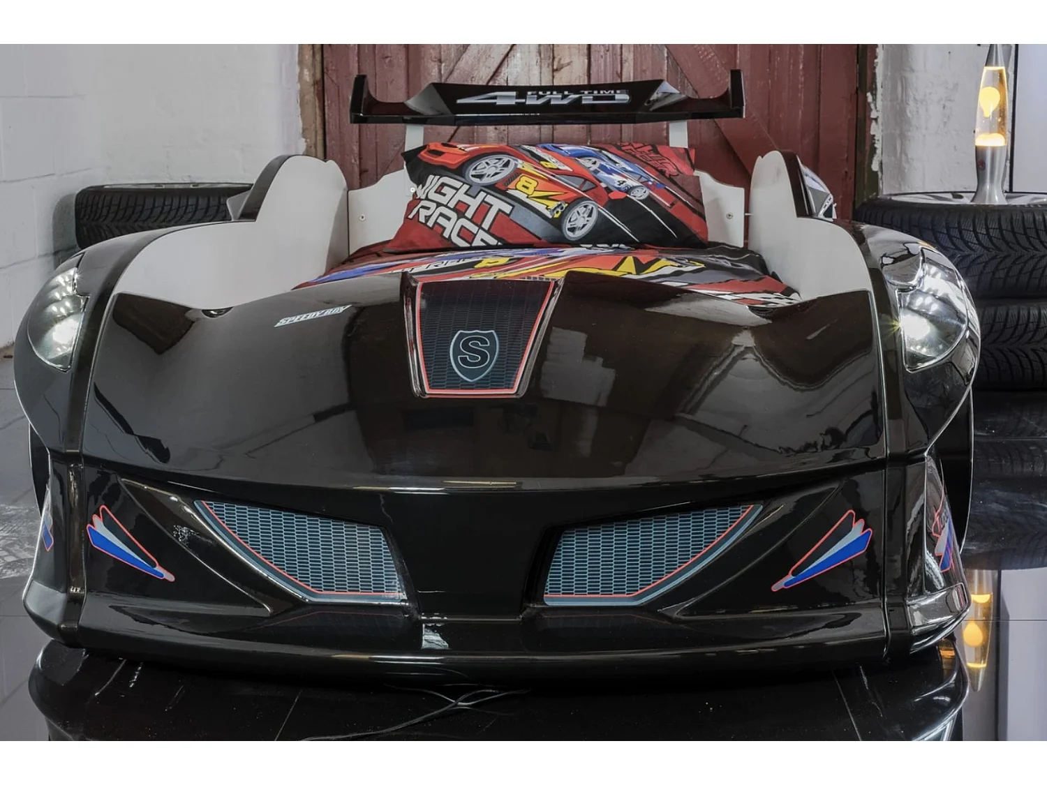 Lit voiture formule 1 noir à led et bruitage 90x190