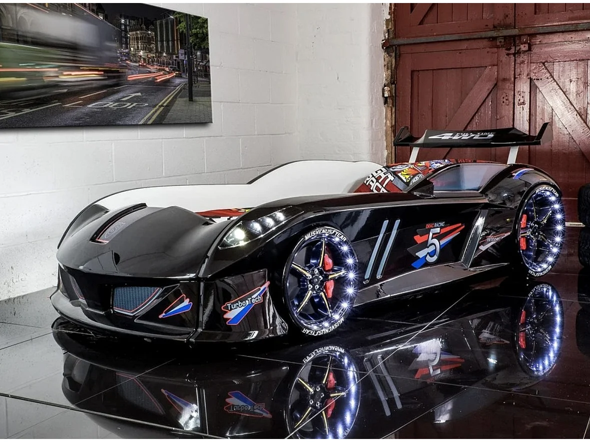 Lit voiture FORMULE 1 avec LED et bruitages – 90x190-Noir