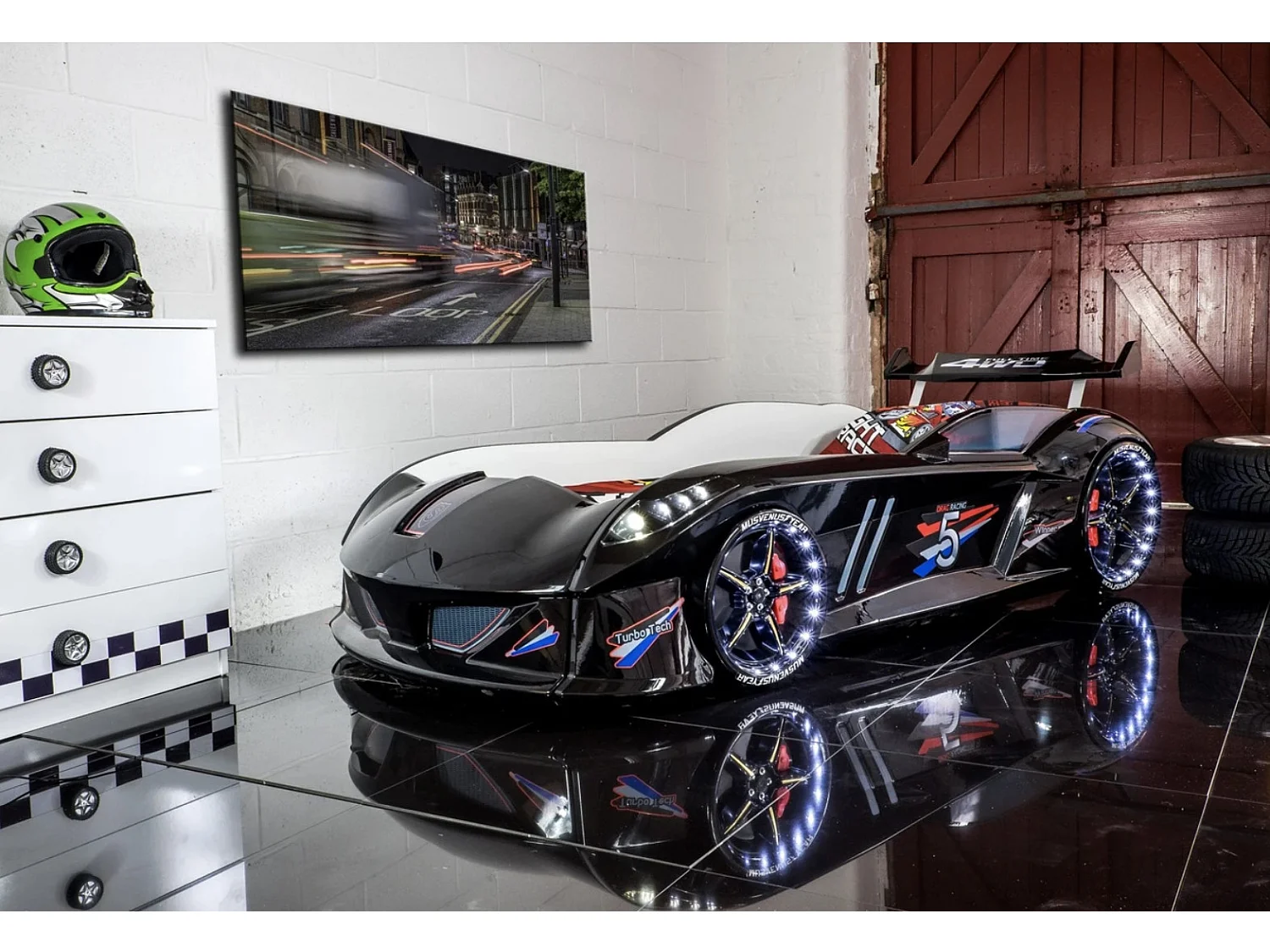 Lit voiture FORMULE 1 avec LED et bruitages – 90x190-Noir