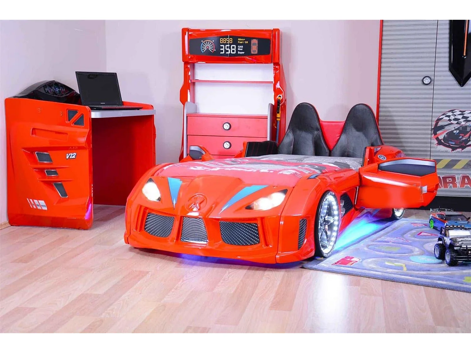 Lit voiture de sport rouge à Led avec effets sonores Competition 90x190
