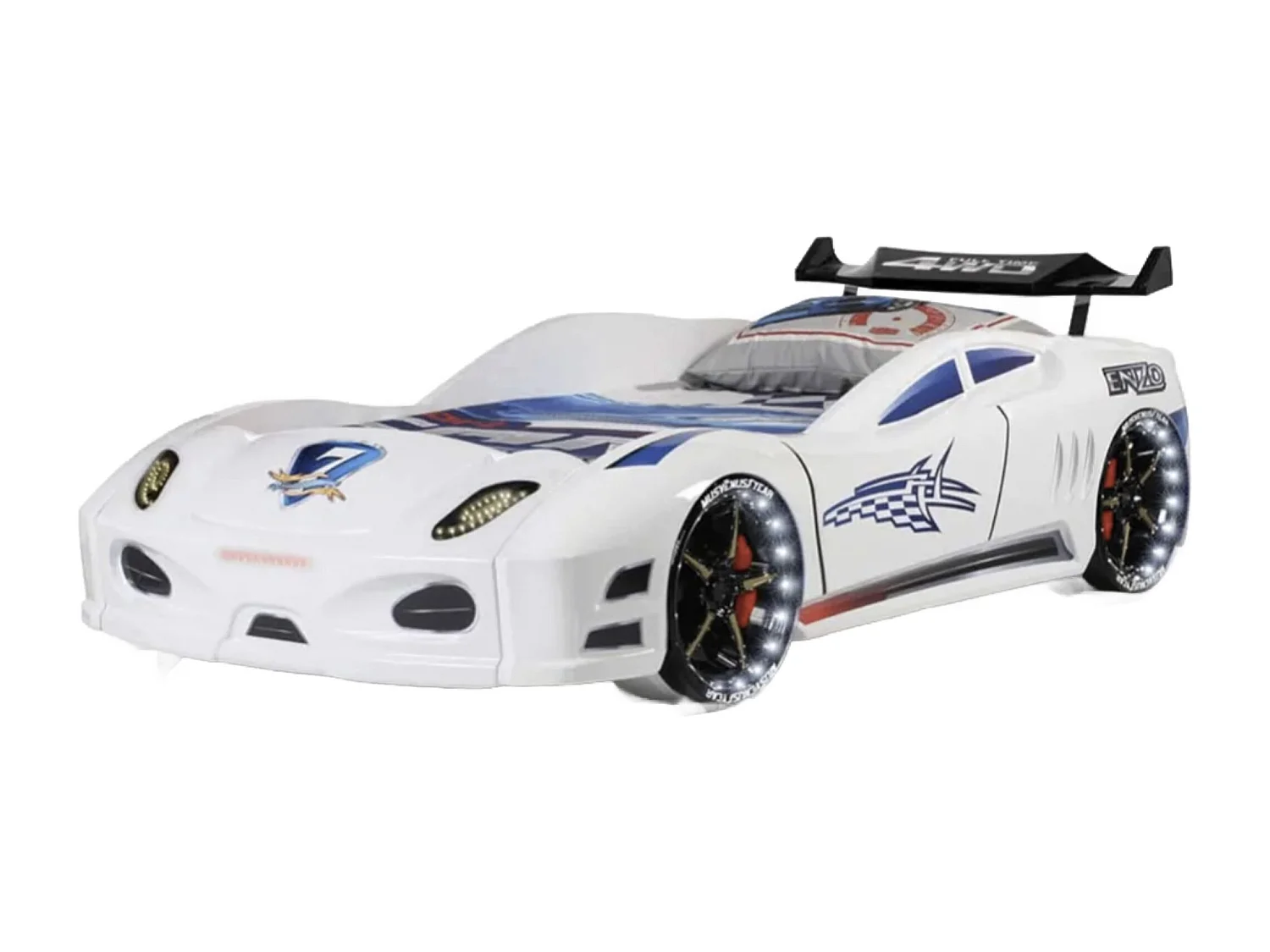Lit voiture TURBO V7 à LED et bruitages – 90x190-Blanc
