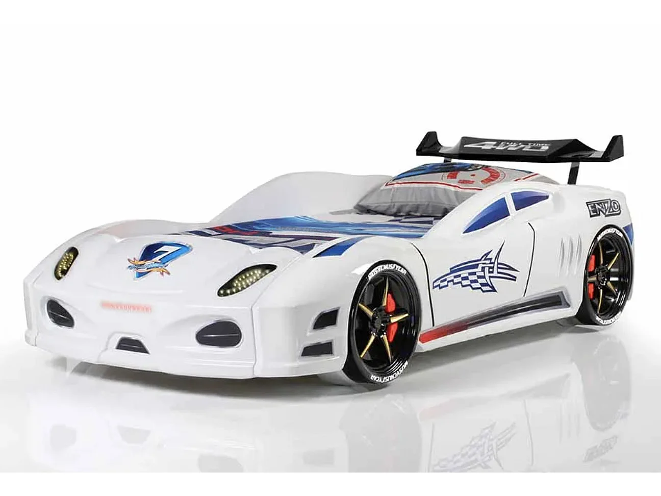 Lit voiture TURBO V7 à LED et bruitages – 90x190-Blanc