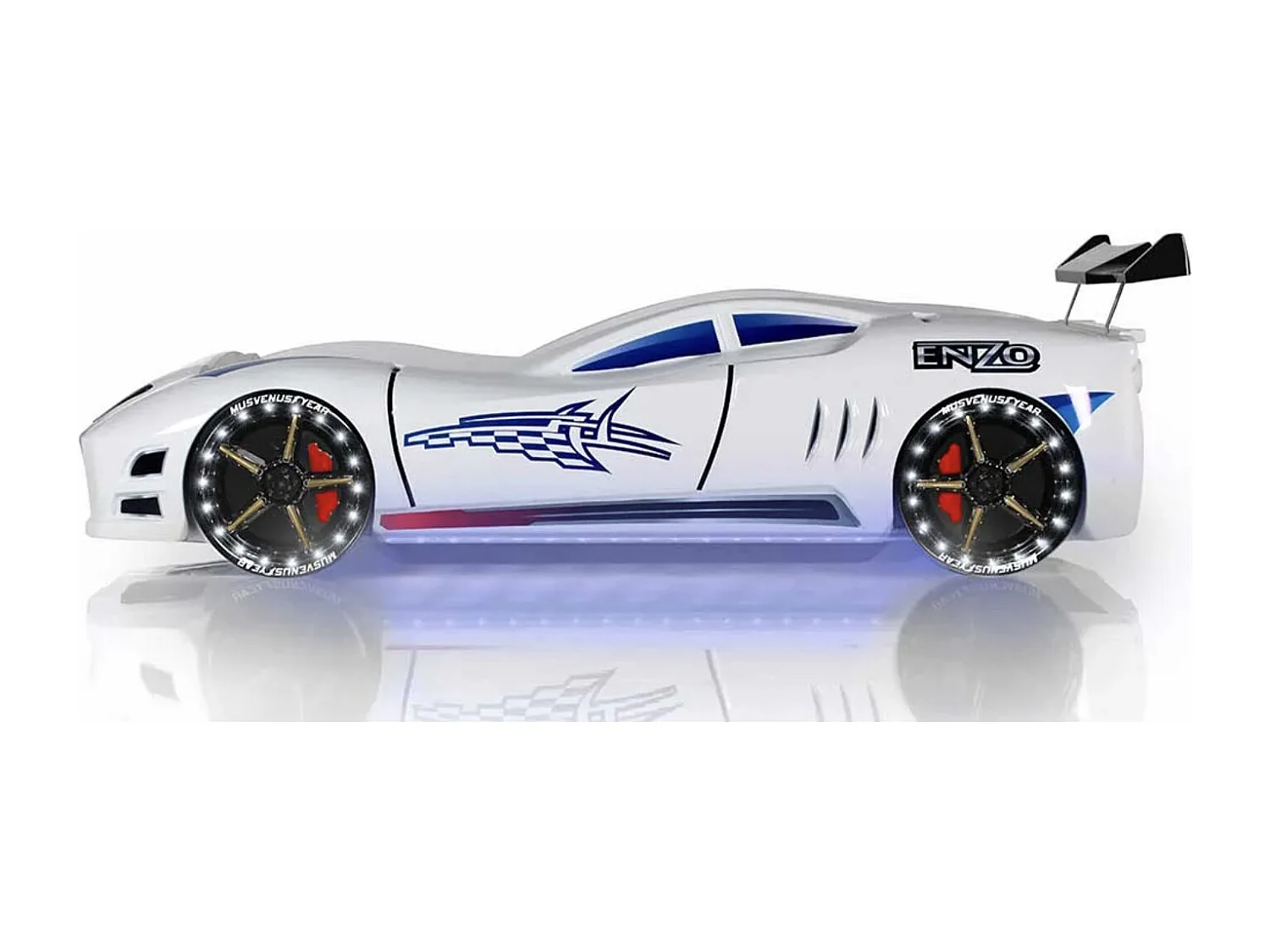 Lit voiture TURBO V7 à LED et bruitages – 90x190-Blanc