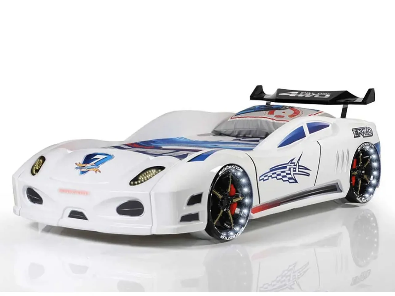 Lit voiture TURBO V7 à LED et bruitages – 90x190-Blanc