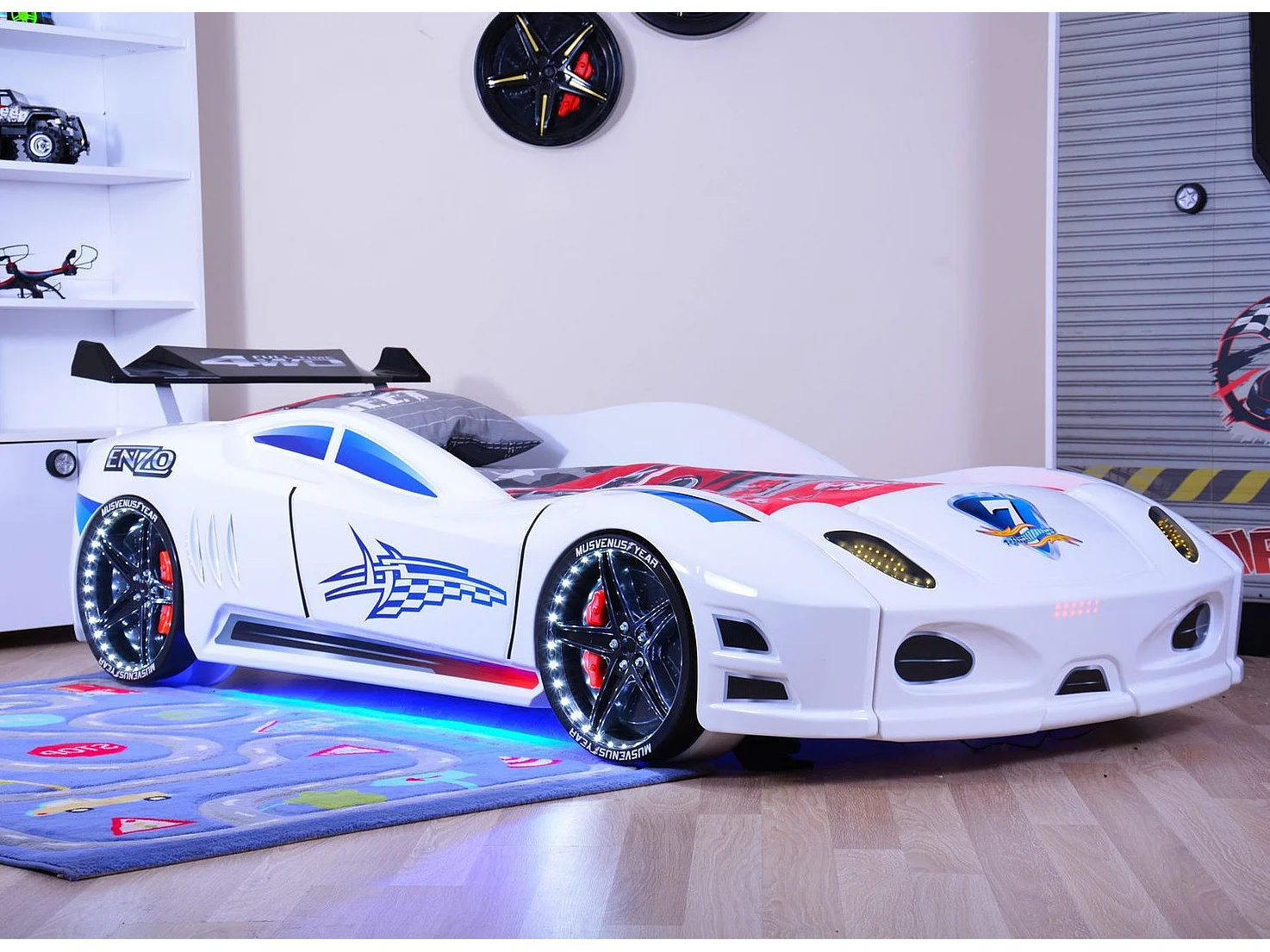 Lit voiture TURBO V7 à LED et bruitages – 90x190-Blanc